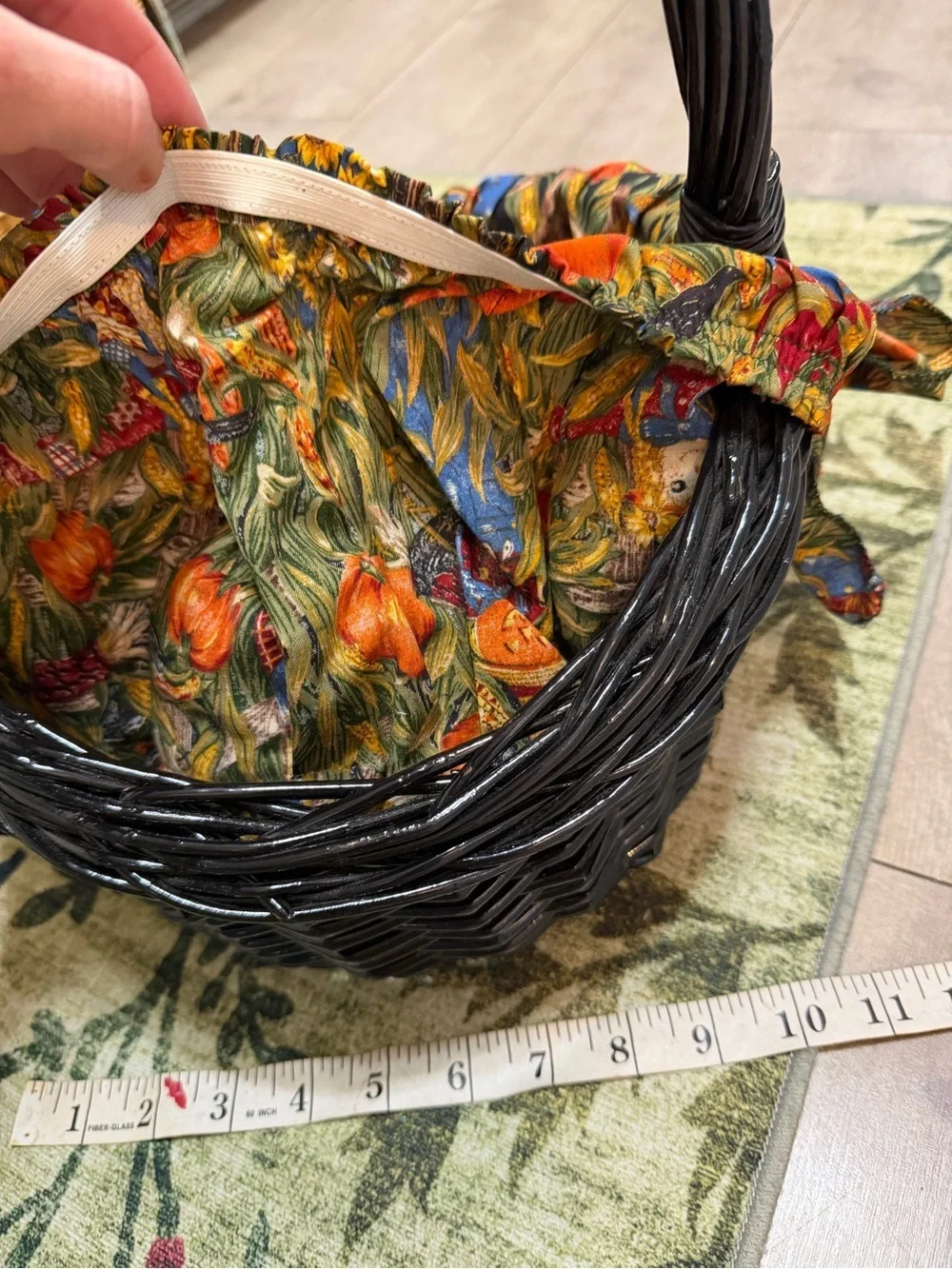 Vintage Autumn Fabric Lined Black Wicker Basket Colorful Autumn Primitives